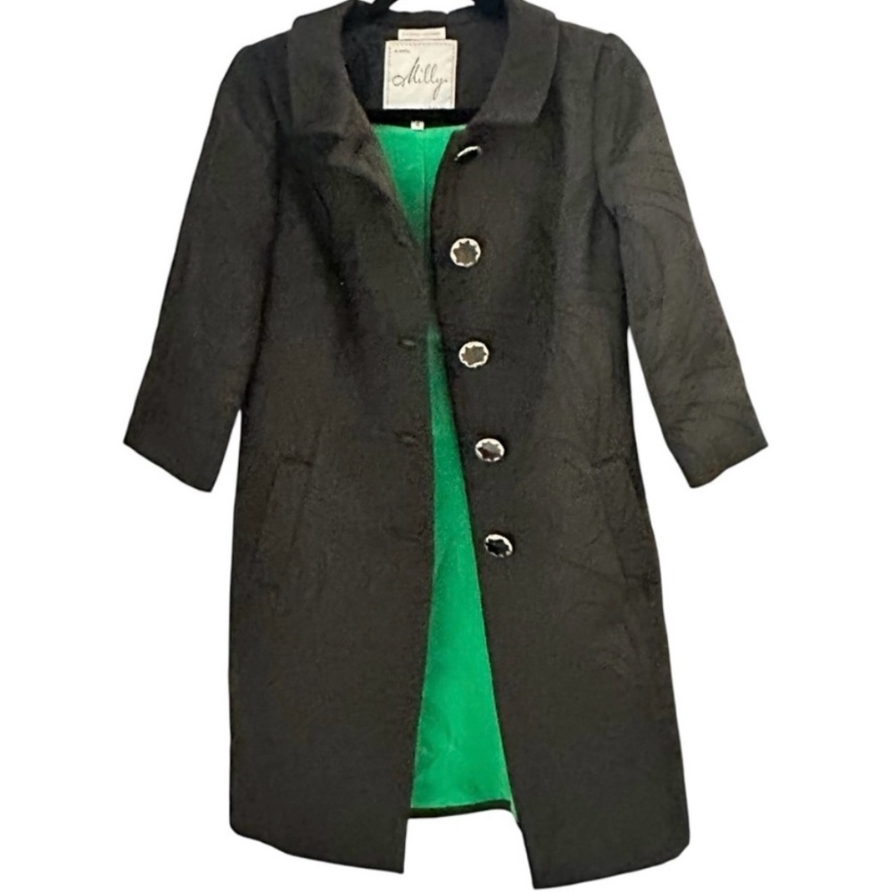 Milly Vintage Textured Black Jacquard Coat Green Lining 3/4 Sleeve Luxury Size 4